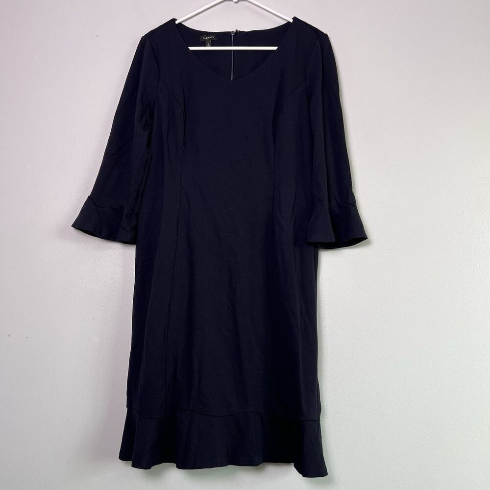 Talbots Bell Sleeve FLOUNCE REFINED PONTE SHEATH DRESS Sz 8 Navy Blue
